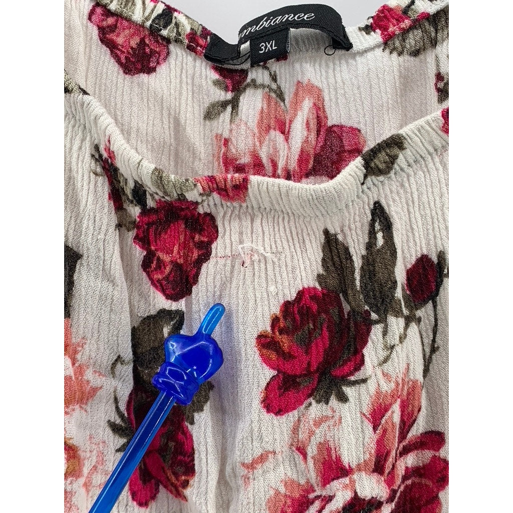 AMBIANCE Women's White-Red Floral Short Sleeve Top SZ 3XL