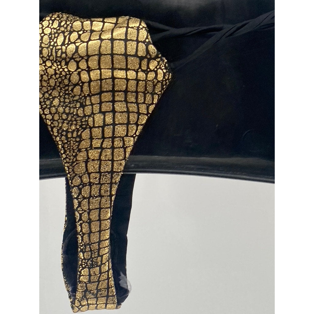 SHEIN Women's Black-Gold Snake Skin Strappy Side-Tie Bikini Bottom SZ L