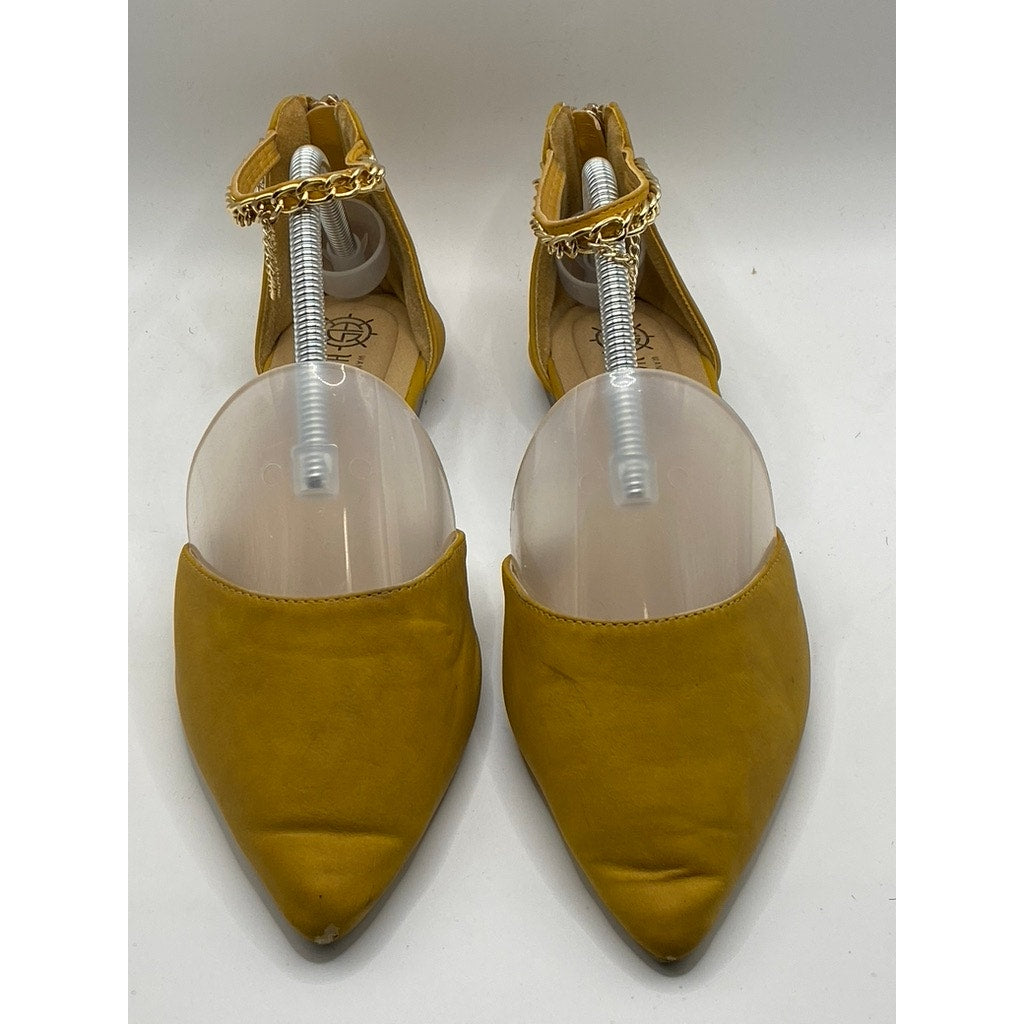 HARBORSIDES Women's Mustard Yellow Paxton Pointed-Toe Ankle-Strap Flats SZ 7.5