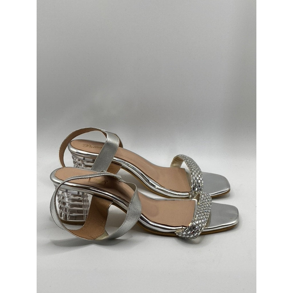PATTERNZ Women's Silver Rhinestone Open-Toe Ankle-Strap Block Heel Sandals SZ 7