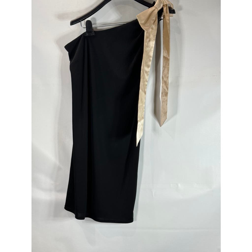 LAUNDRY By DESIGN Women's Black Champagne Satin Bow One-Shoulder Mini Dress SZ 6