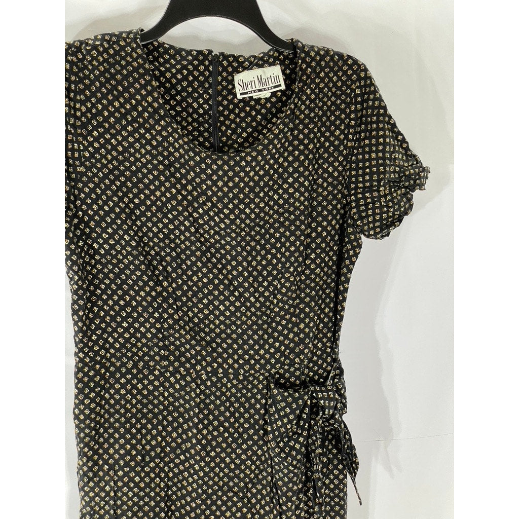 SHERI MARTIN Women's Black Printed Side-Tie Short Sleeve A-Line Dress SZ 12