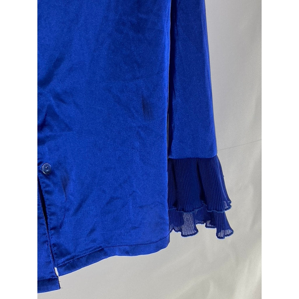 SHEIN Women's Royal Blue Satin Button-Up Ruffle Tiered Long Sleeve Top SZ S