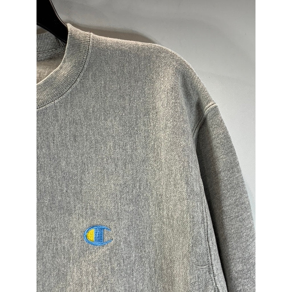 CHAMPION Reverse Weave Men's Gray/Blue Crewneck Large Logo Sweatshirt SZ M