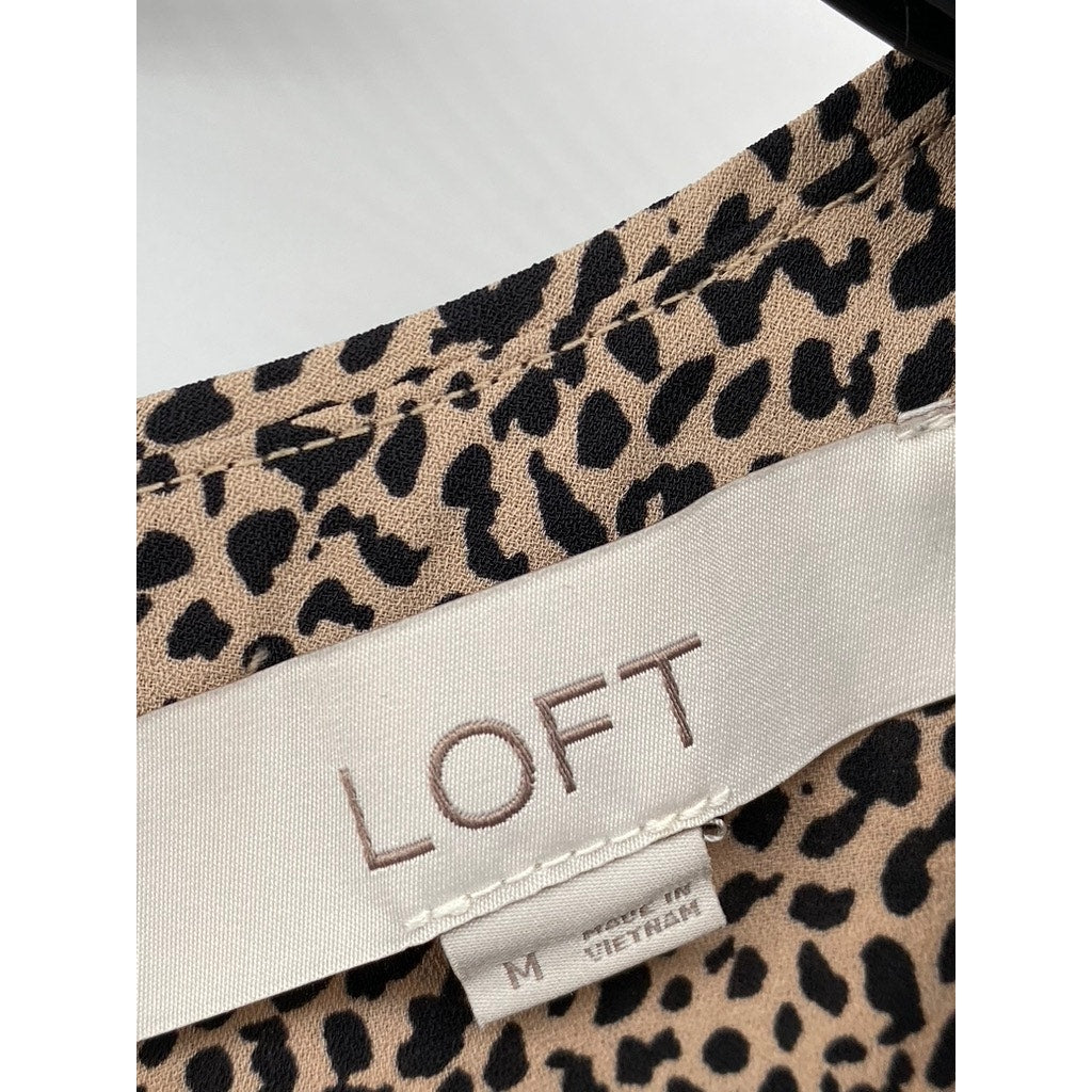 LOFT Women's Brown Animal Print Crewneck Long Sleeve Back Keyhole Top SZ M