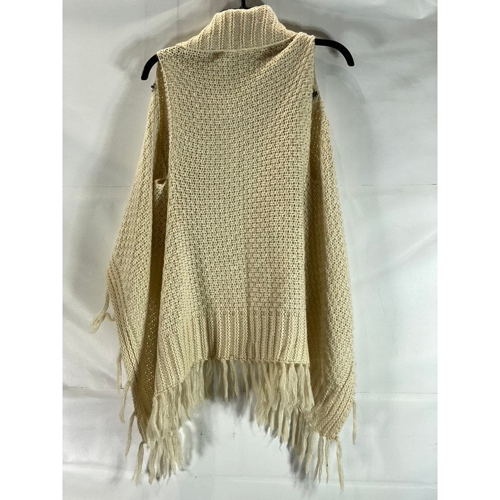 UNBRANDED Women's Tan Crochet Snap-Button Tassel Fringe Poncho/Shawl SZ OS