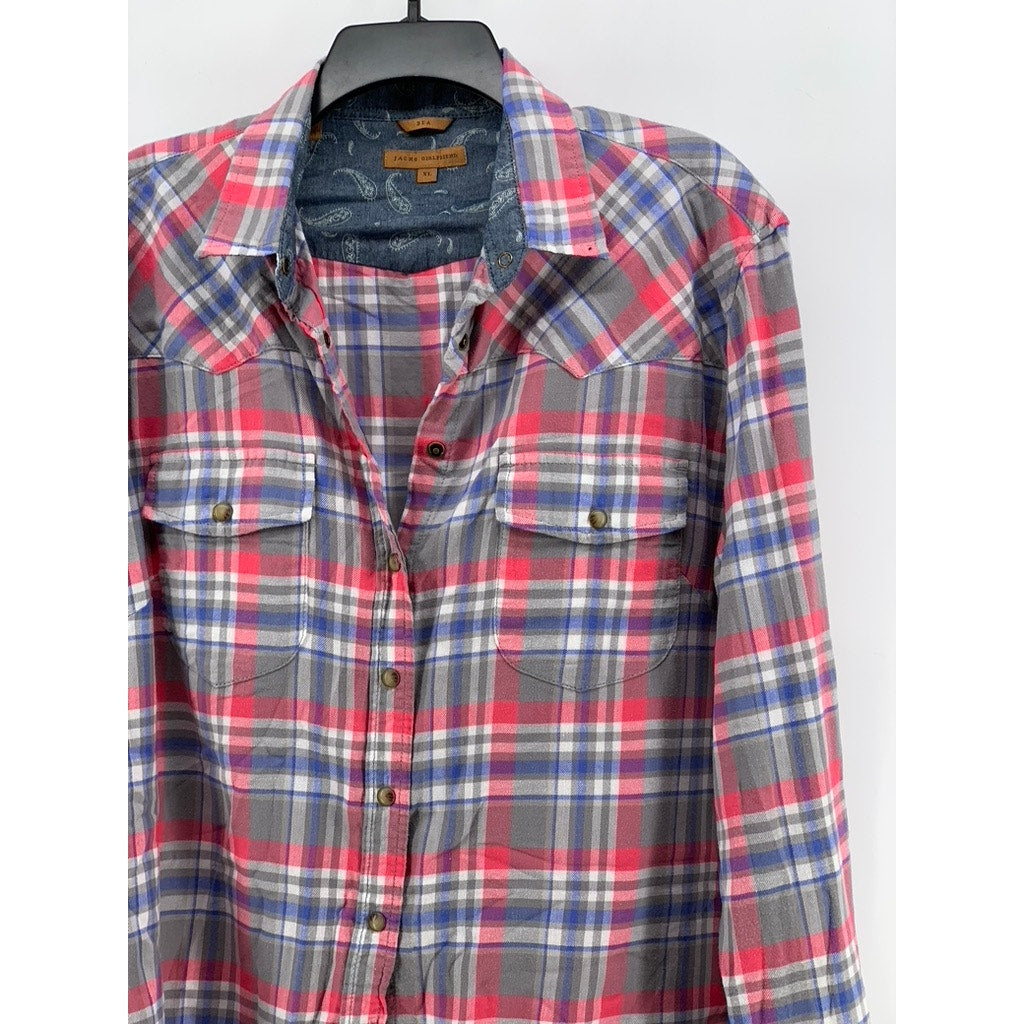 JACHS GIRLFRIEND Women's Multi Plaid Button-Up Long Sleeve Bea Cotton Top SZ XL