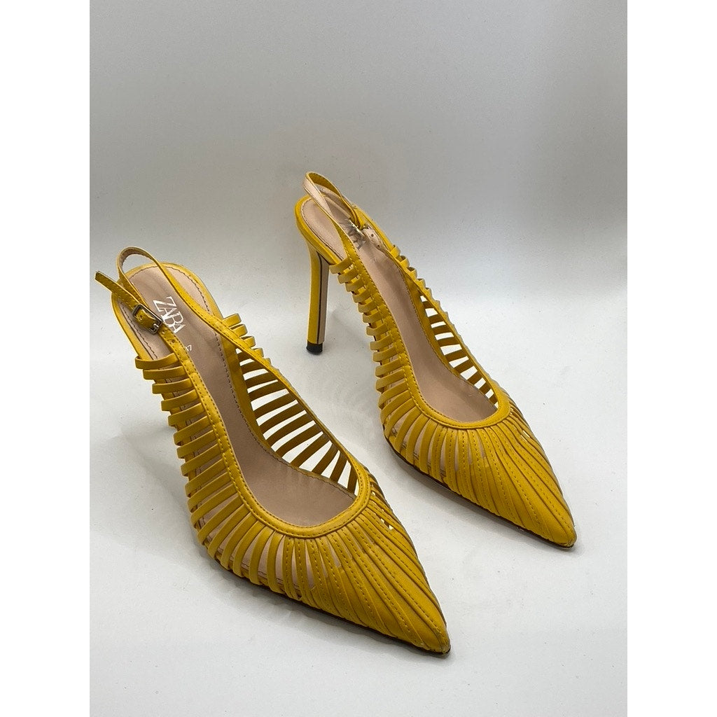 ZARA Women’s Mustard Yellow Cutout Strappy Pointed-Toe Slingback Heels SZ US6.5