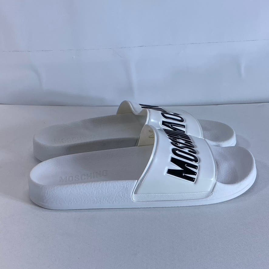 MOSCHINO Women's White/Black Oversized Logo Slip-On Pool Slide Sandals SZ 8