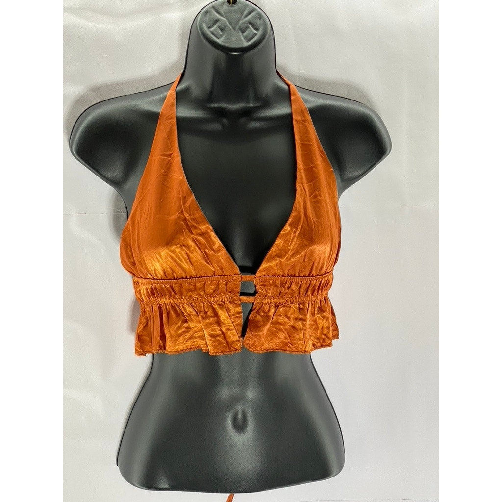 SHEIN Women's Orange Satin Open-Front Ruffle Tie-Neck Halter Crop Top SZ 2