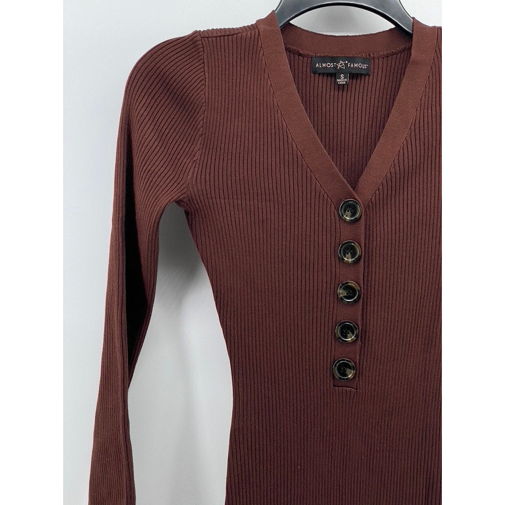 ALMOST FAMOUS Women's Brown Ribbed Henley Long Sleeve Bodycon Midi Dress SZ S
