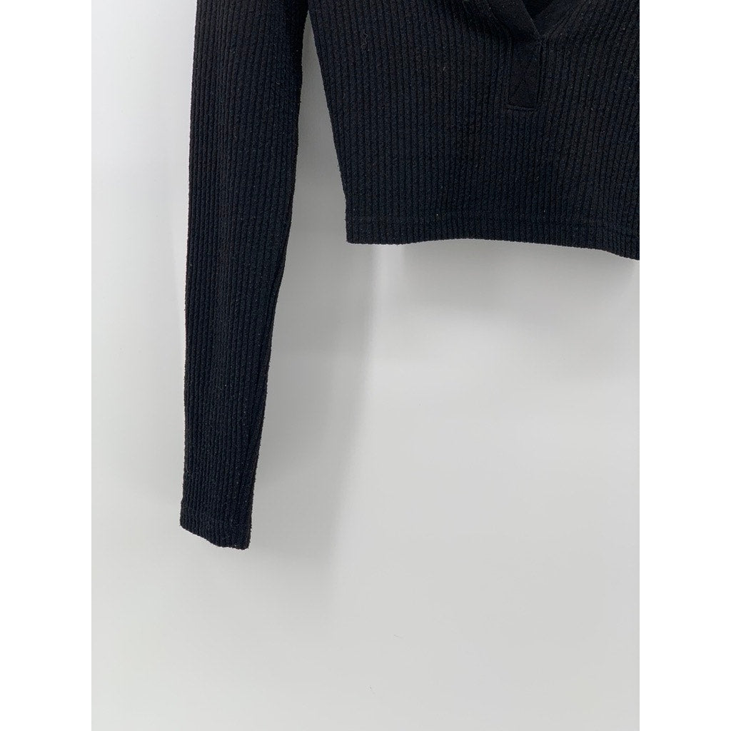 DIVIDED By H&M Women's Black Ribbed Split-Neck Long Sleeve Cropped Polo Top SZXS