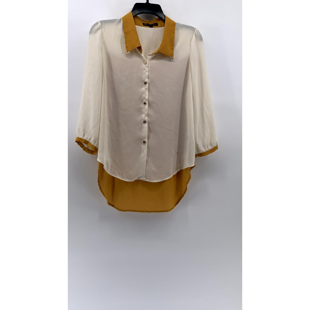 LA CHAPELLE SPORT Women's Tan-White Sheer Button-Up Top SZ 40(US8)