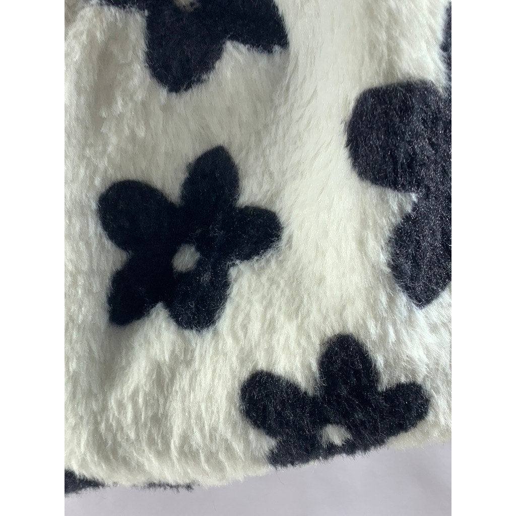 UNBRANDED Women's Black-White Floral Print Faux-Fur Shoulder Bag