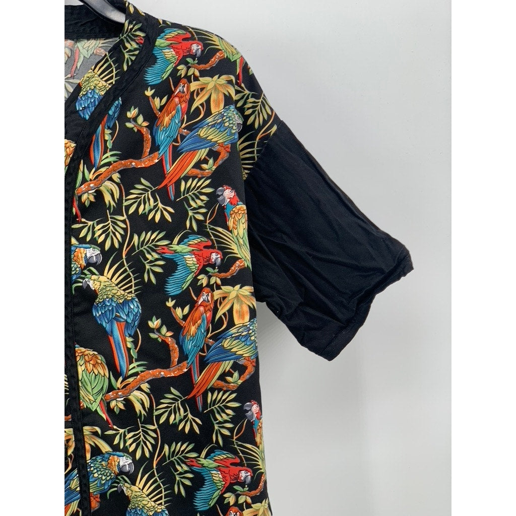 UNBRANDED Men's Black Tropical Print Button-Up Short Sleeve Shirt SZ L