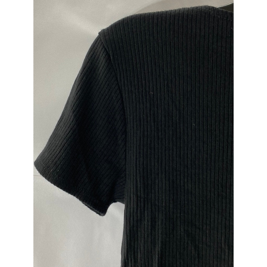 FOREVER 21 Women’s Black Ribbed Crewneck Short Sleeve Cropped Top SZ M