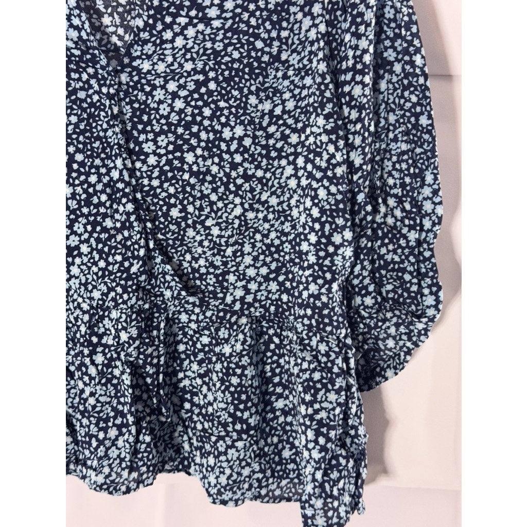 JIMMY KEY Women's Blue Floral V-Neck Surplice Ruffle 3/4 Sleeve Top SZ L