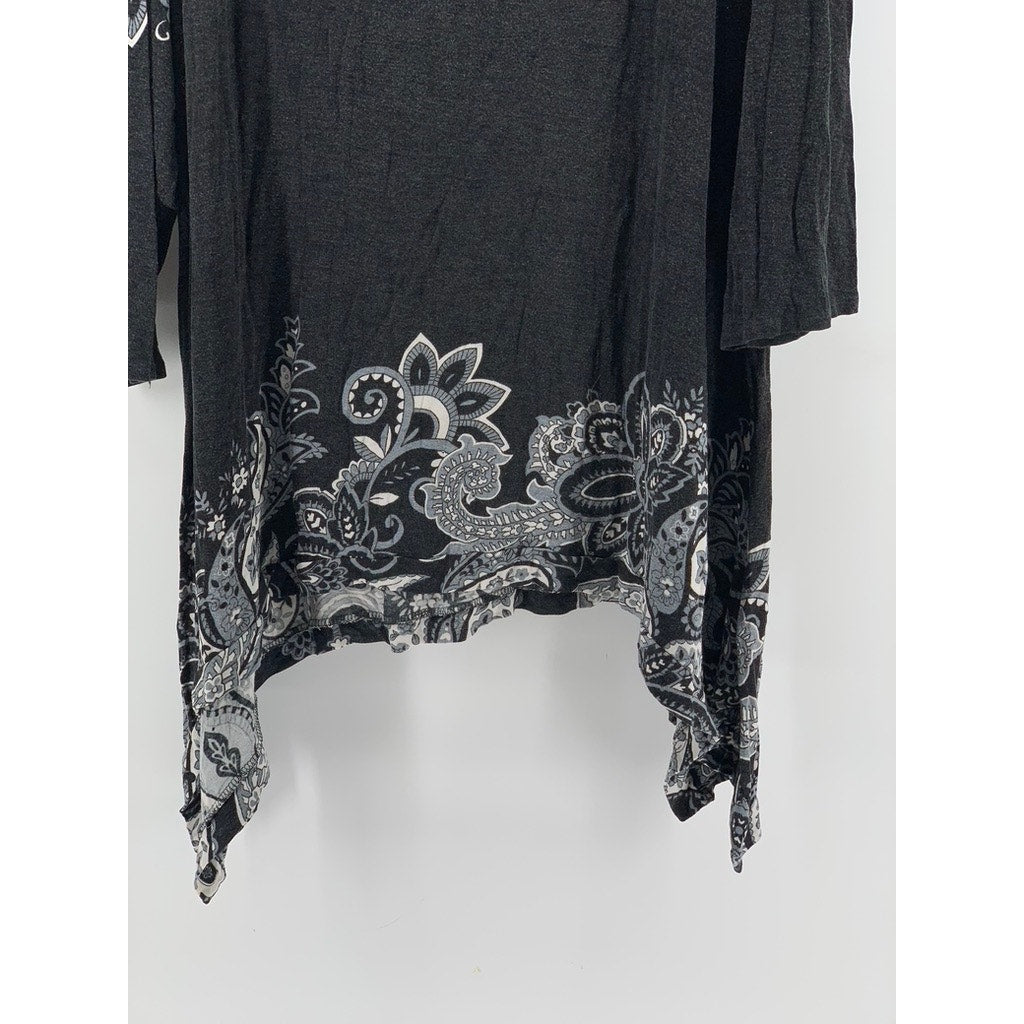AVENUE Women's Plus Washed Black Paisley Printed 3/4 Sleeve Top SZ 26/28