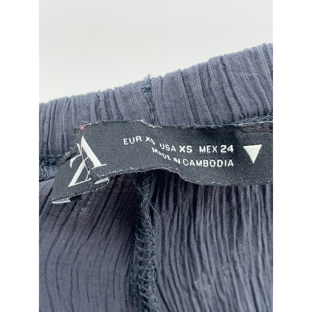 ZARA Women's Navy Crinkled Relaxed-Fit Straight-Leg Pull-On Drawstring Pant SZXS