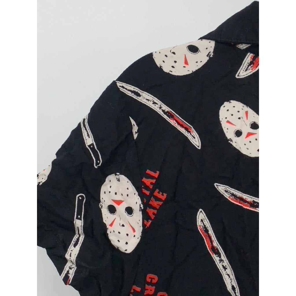 FRIDAY THE 13th Women's Black Jason Print Tie-Front Button-Up Top SZ S
