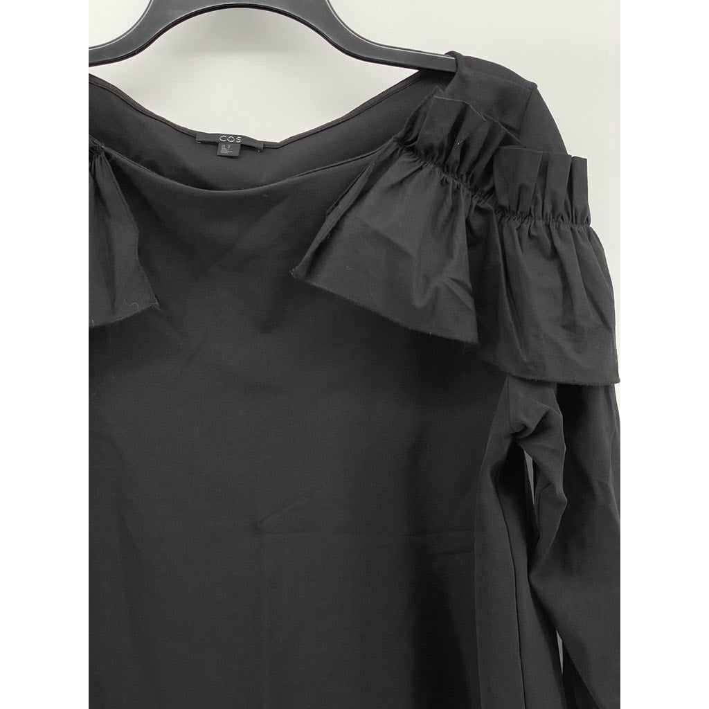 COS Women's Black Boatneck Ruffle-Shoulder Long Sleeve Blouse SZ M