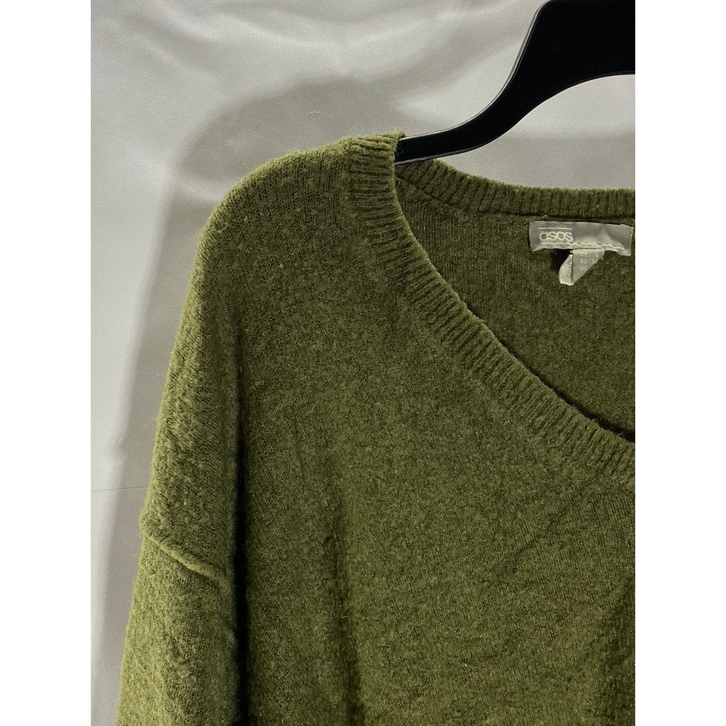ASOS Women's Olive Green V-Neck Pullover Knit Dropped Shoulder Sweater SZ 2