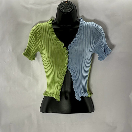 REDBERRY Women's Green/Blue Ribbed Button-Up Ruffle-Trim Short Sleeve Top SZ S/M