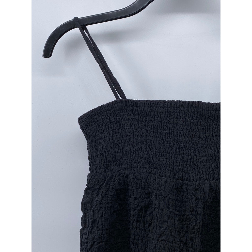 ZARA Women's Black Textured Straight-Neck Spaghetti Strap A-Line Mini Dress SZ S