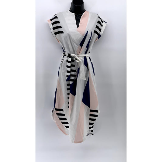 UNBRANDED Women's White-Pink-Black V-Neck Cuffed Slip A-Line Belted Dress SZ S