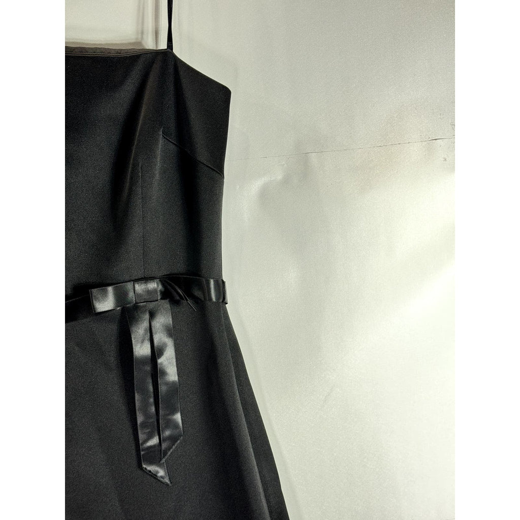 LAUNDRY BY SHELLI SEGAL Women's Black Satin Waist-Bow Spaghetti Strap Dress SZ 4