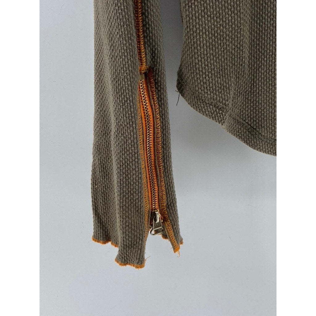 FREE PEOPLE Women's Olive Green-Orange Trim Long Zipper Cuff Sleeve Top SZ M