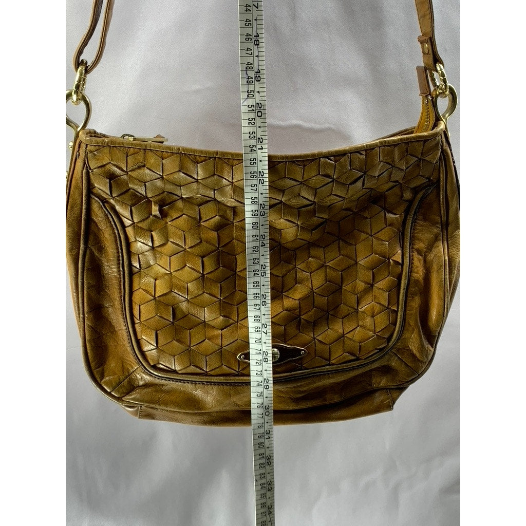 ELLIOTT LUCCA Women's Brown Leather Woven Flap Shoulder Crossbody Bag