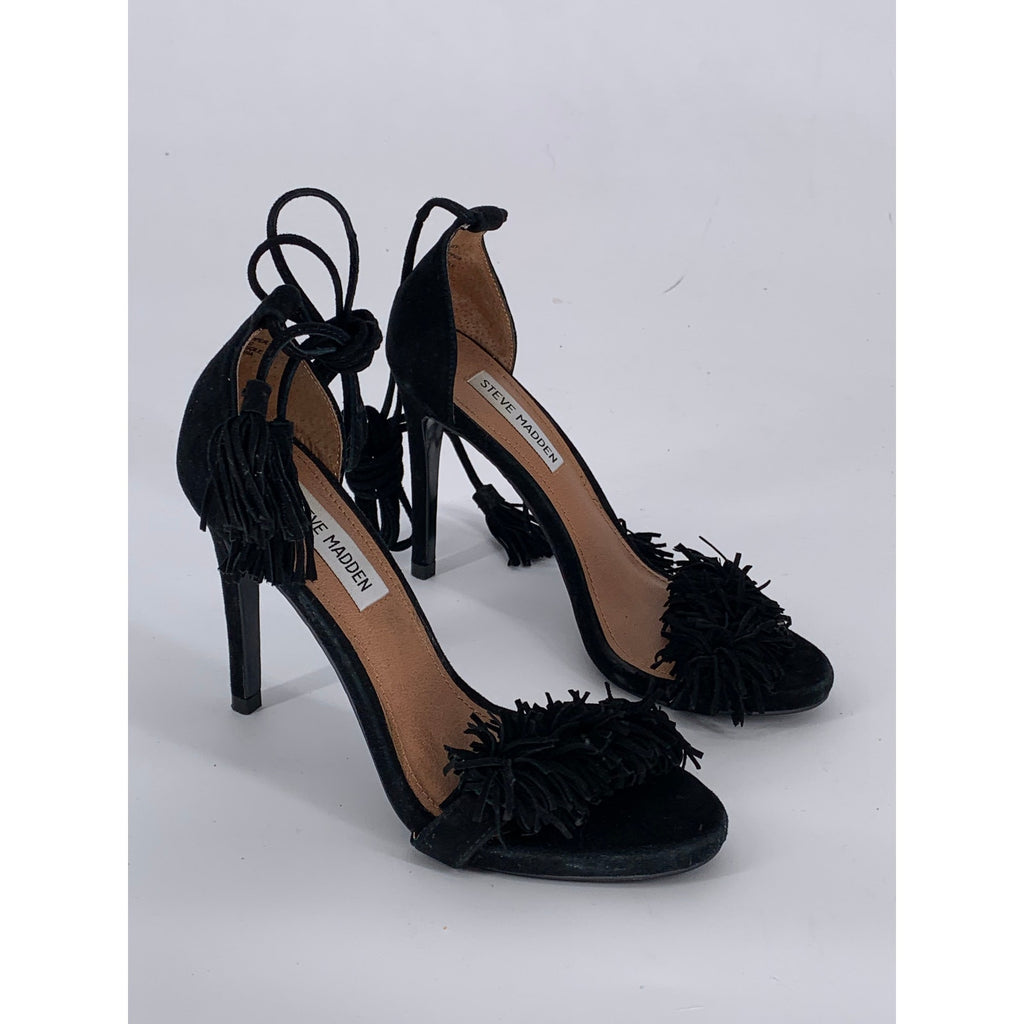 STEVE MADDEN Women's Black Leather Sassey Fringe Gladiator Stiletto Heels SZ 6.5