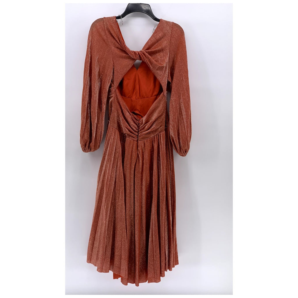 SETRE Women's Rust Orange Metallic Pleated V-Neck Long Sleeve Maxi Dress SZ S