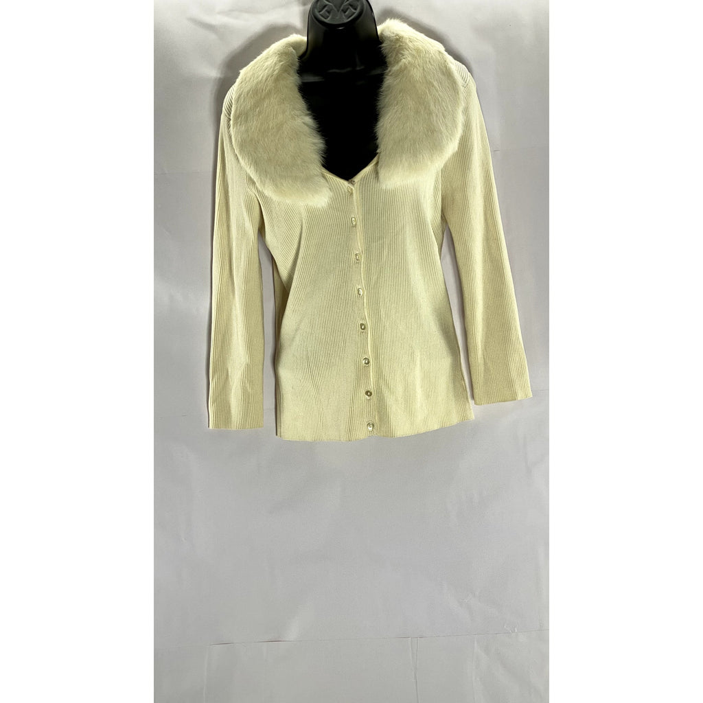 WHITE HOUSE BLACK MARKET Women's Beige Fur-Collar Ribbed Button-Up Cardigan SZ M