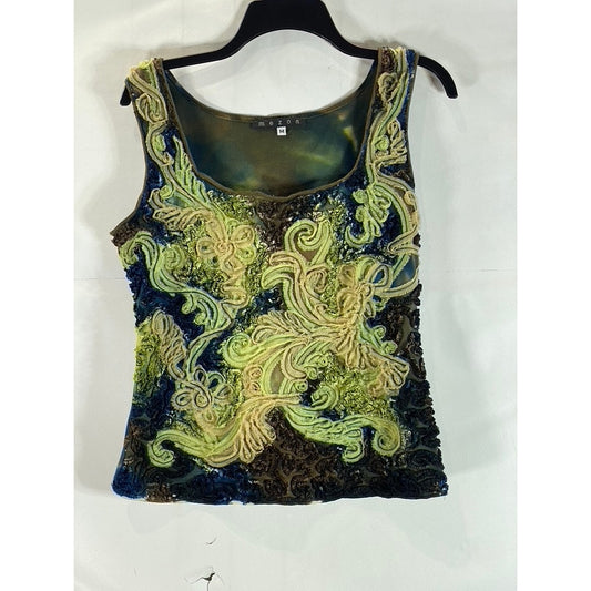 MEZON Women's Green Tie-Dye Textured Scoop-Neck Sleeveless Tank Top SZ M