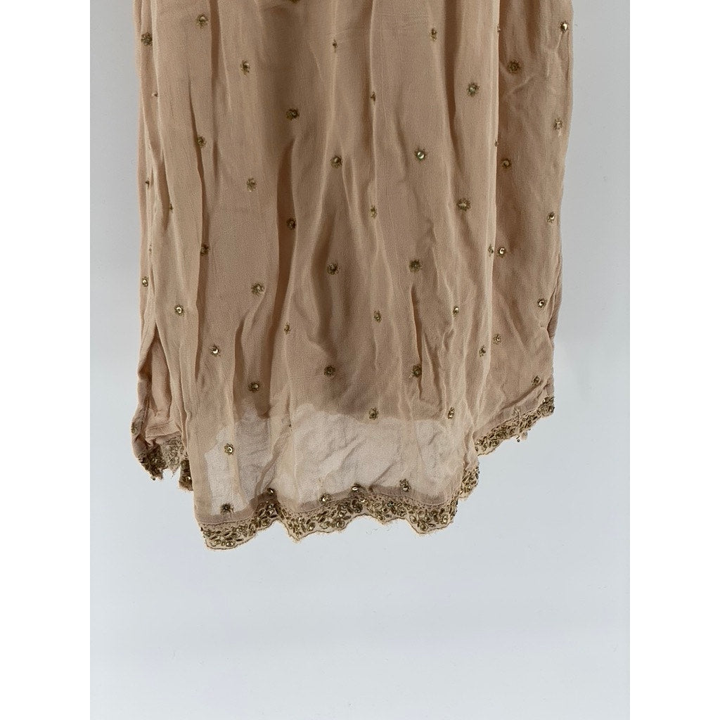LOVE SAM Women's Petite Beige Sequin Embellished Sheer V-Neck Mini Dress SZ S/P