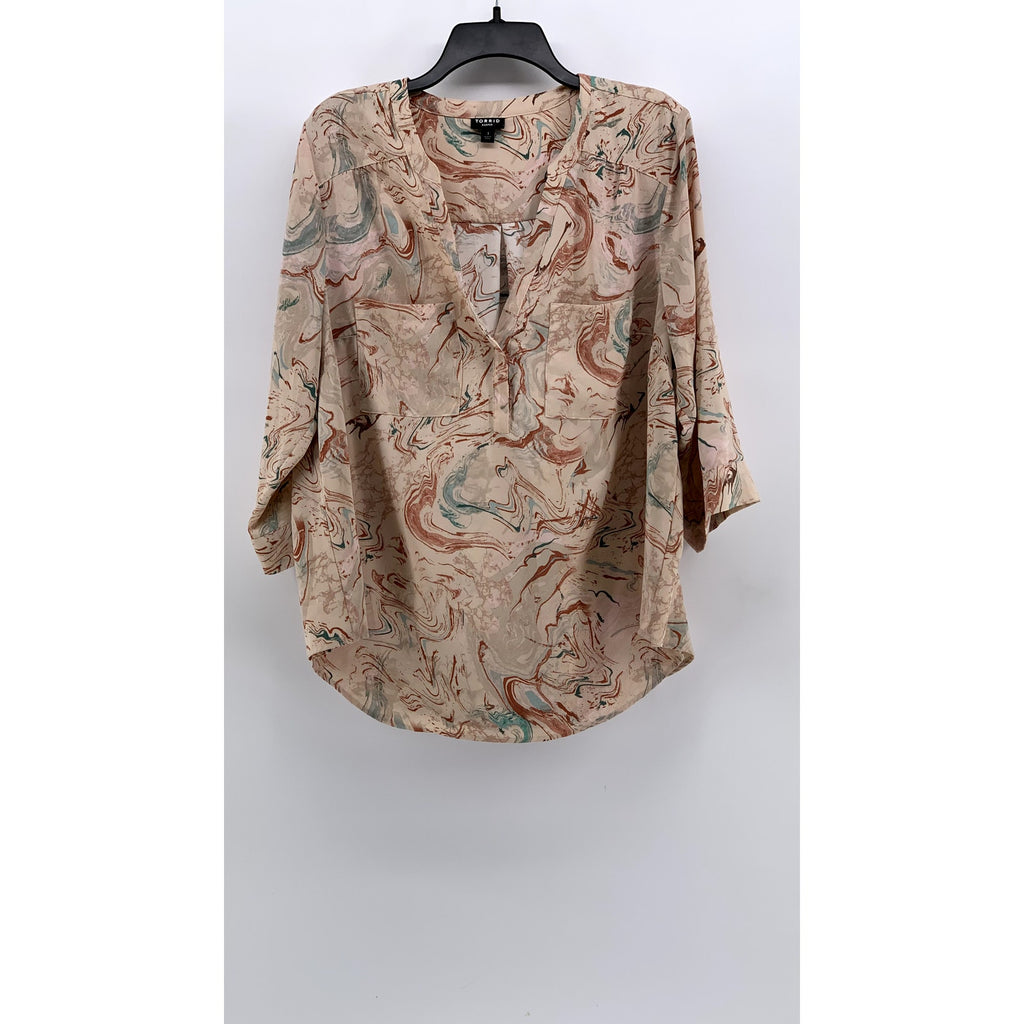 TORRID Women's Beige Printed Split Neck 3/4 Sleeve Top SZ 1(US1X)