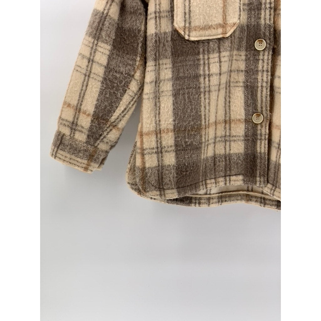 ZARA Women's Brown Plaid Button-Up Long Sleeve Oversized Shirt Jacket SZ S
