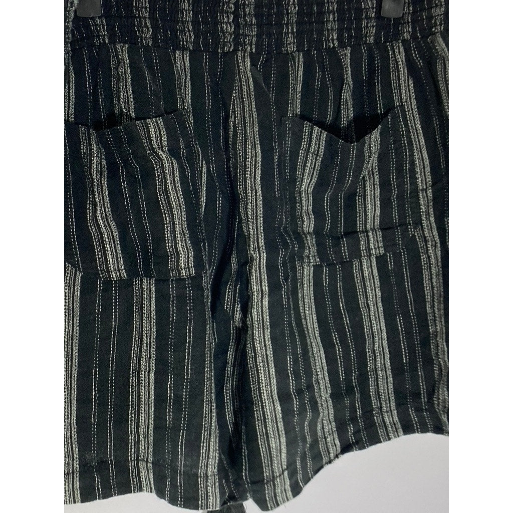 BRIGGS Women's Black-Gray Striped Elastic-Waist Linen Blend Shorts SZ L