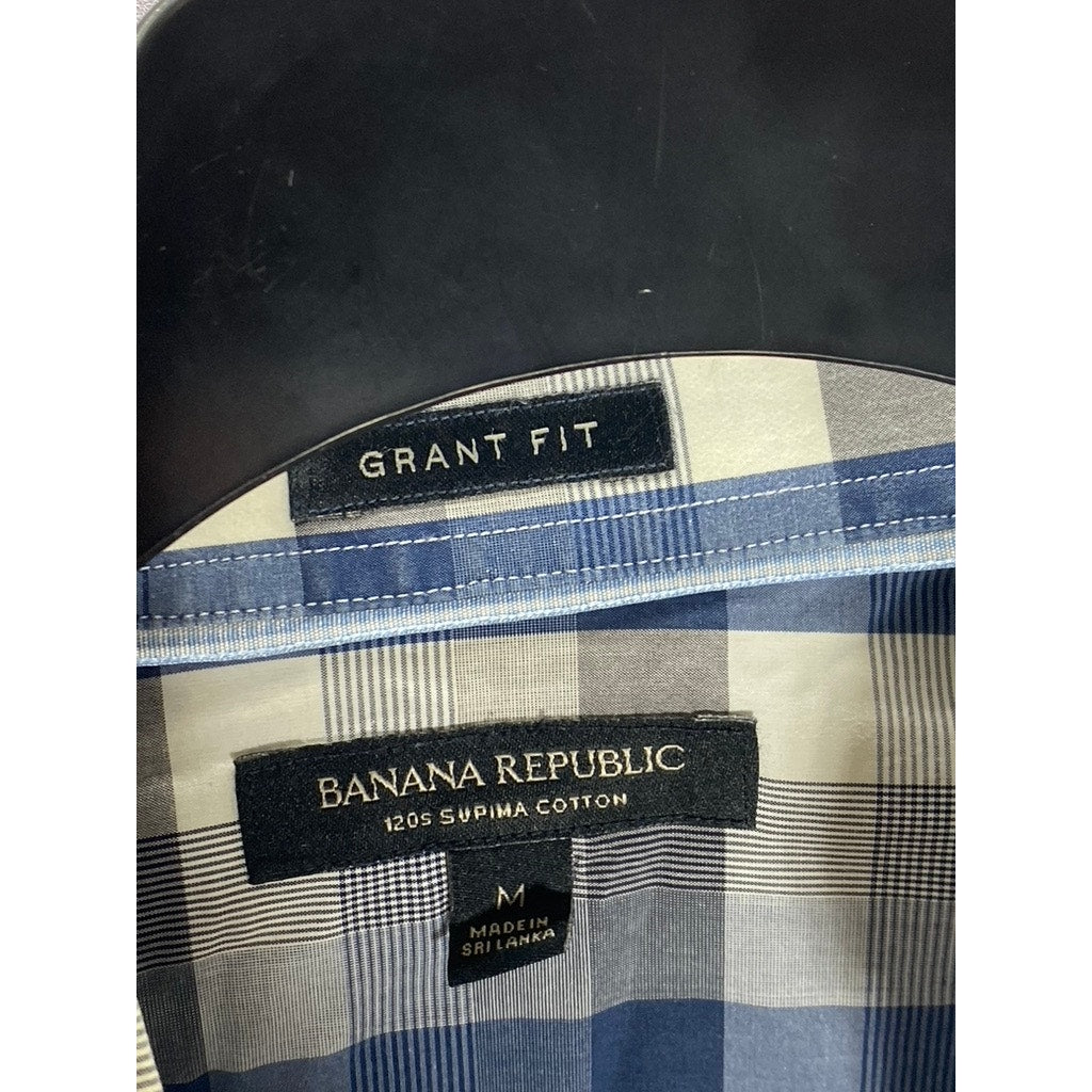 BANANA REPUBLIC Men's Blue-Gray Plaid Grant-Fit Supima Button-Up Shirt SZ M
