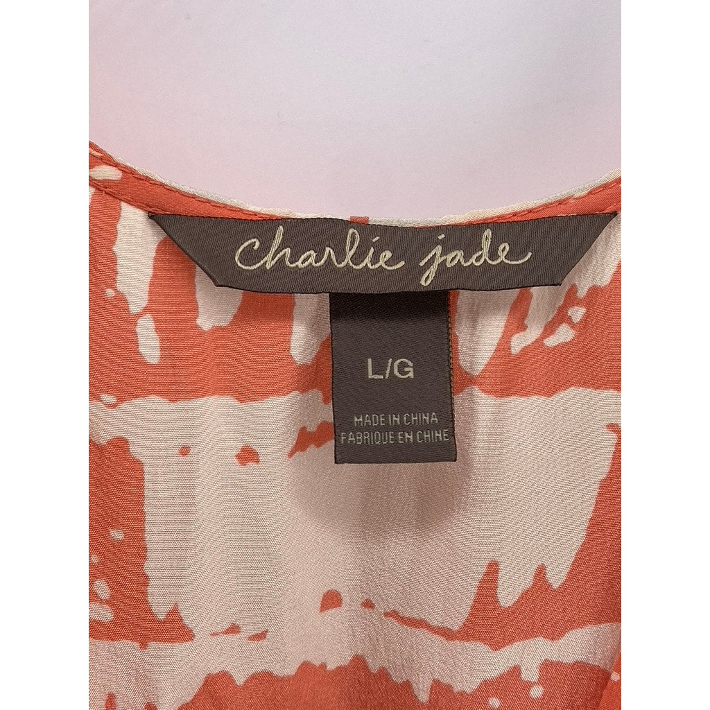 CHARLIE JADE Women's Orange-Beige Printed V-Neck Sleeveless Midi Dress SZ L