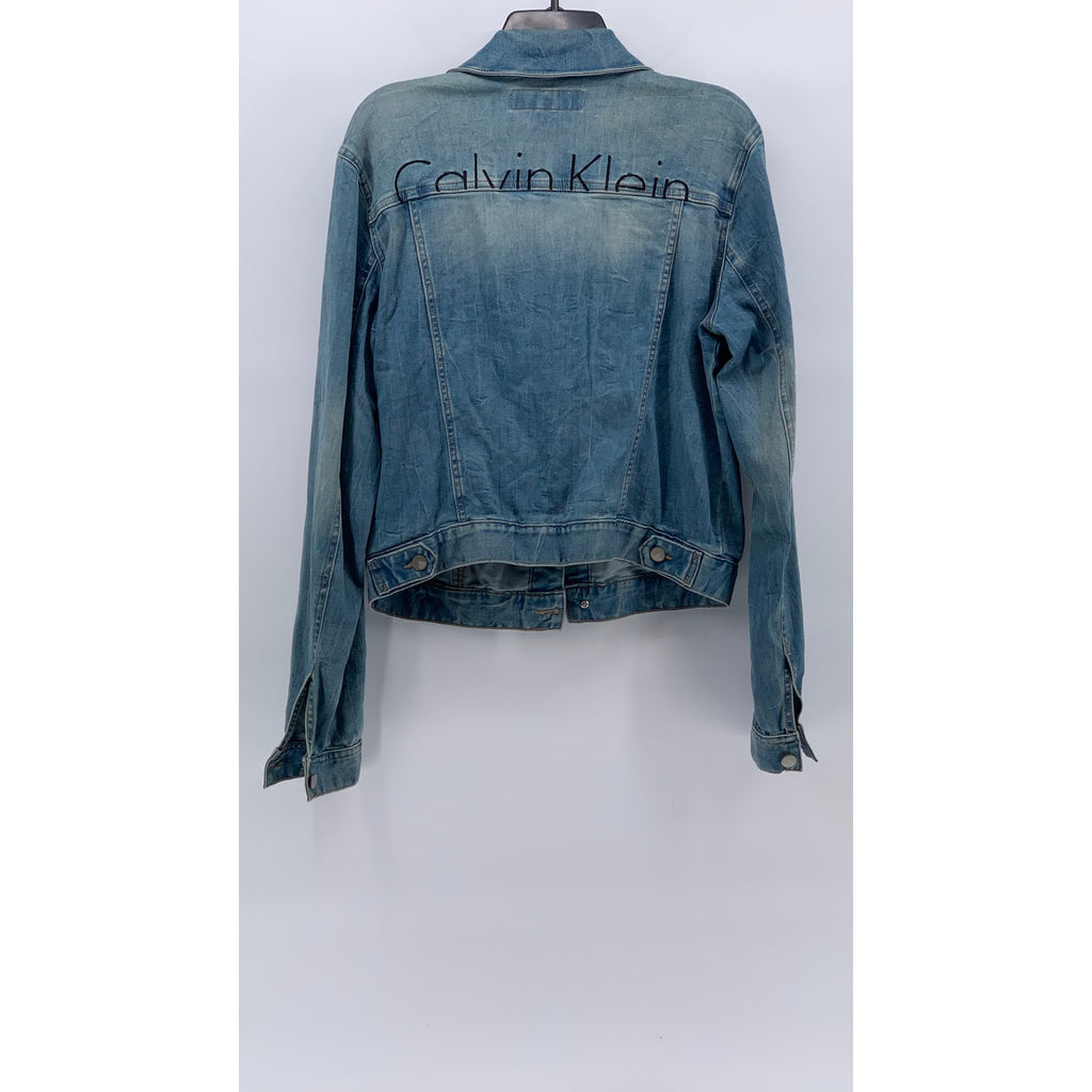 CALVIN KLEIN Women's Blue Denim Logo Button-Up Long Sleeve Trucker Jacket SZ M