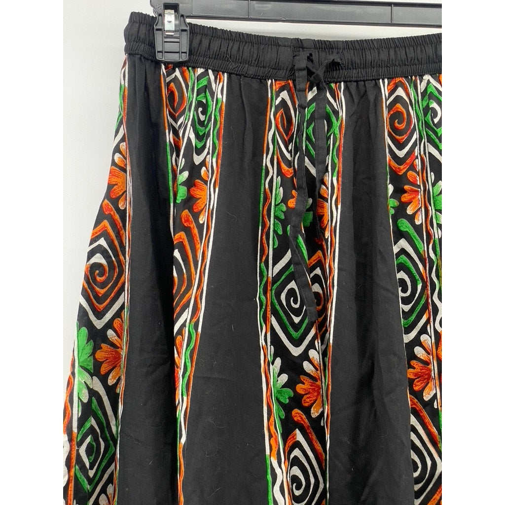 BELMA Women's Vintage Black-Multi Printed A-Line Drawstring Midi Skirt SZ S