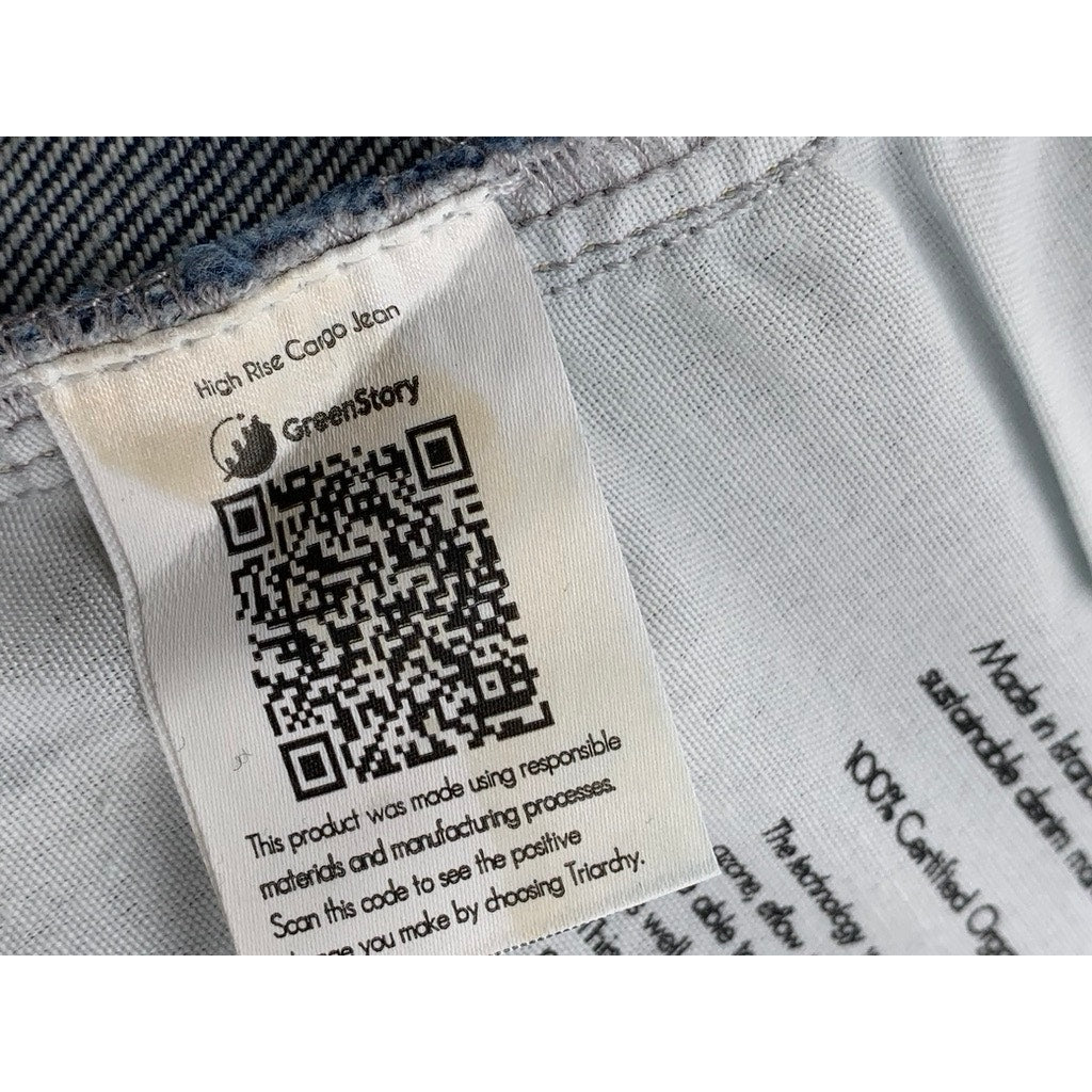 TRIARCHY Women's Blue Denim Mrs. Klieo High-Rise Cargo Baggy Jeans SZ 26