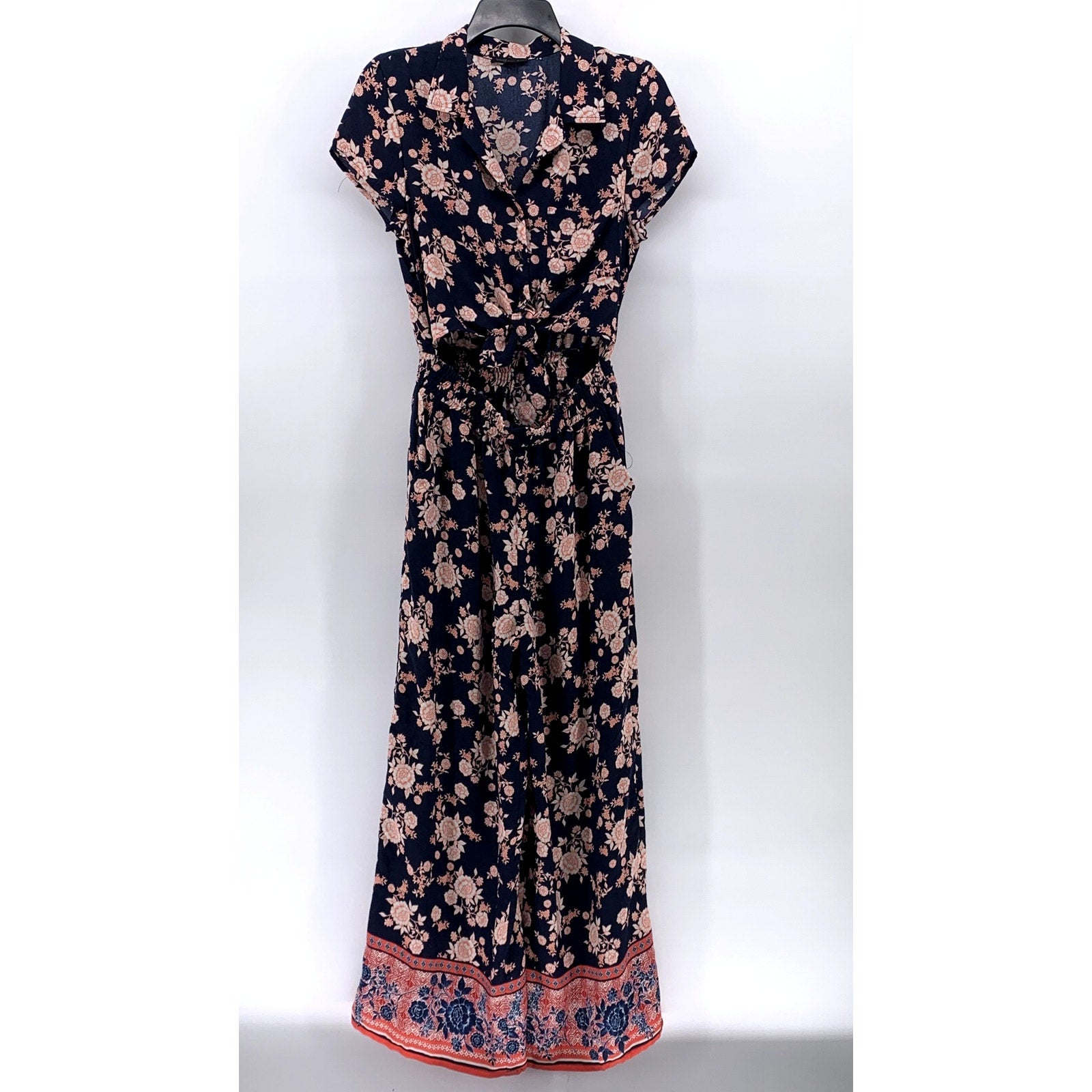 BEBOP Women's Navy-Pink Floral V-Neck Short Sleeve Cutout Maxi Summer Dress SZ M