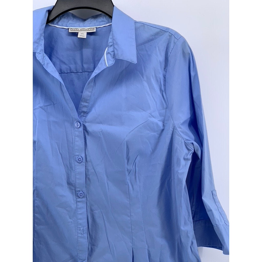 DANA BUCHMAN Women's Blue Pleated Button-Up 3/4 Sleeve Top SZ XL