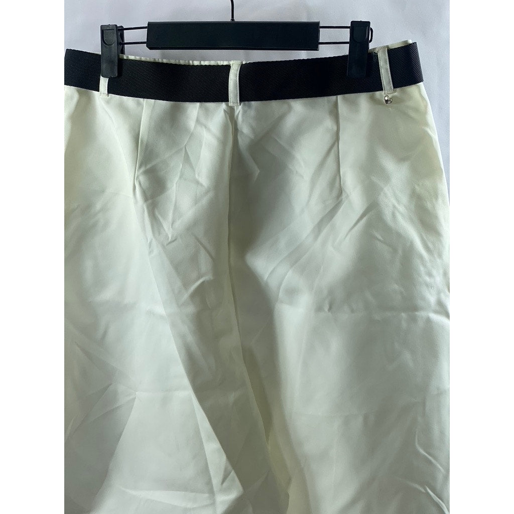 PLEASE Women's White-Black Solid Belted Baggy Pants SZ M