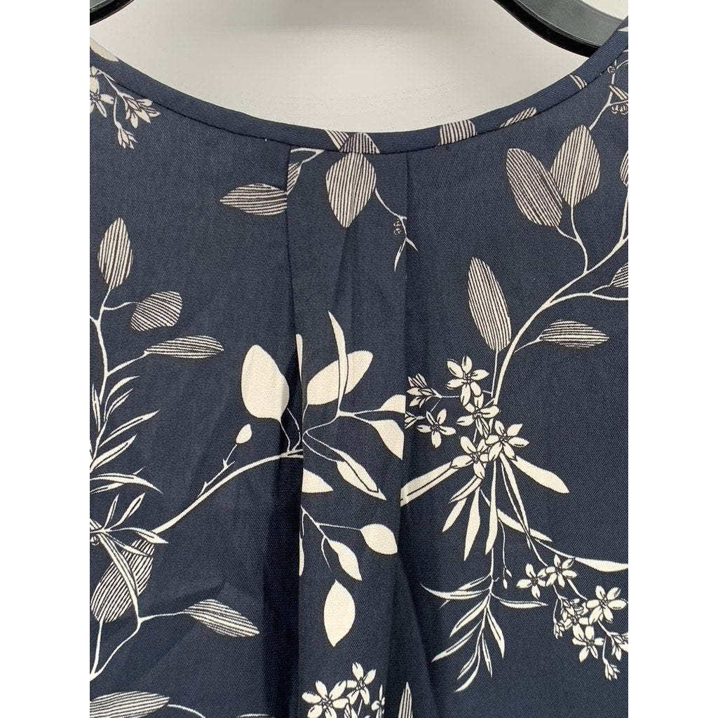 BANANA REPUBLIC Women's Navy Floral Split Neck Short Sleeve Essential Top SZ XL