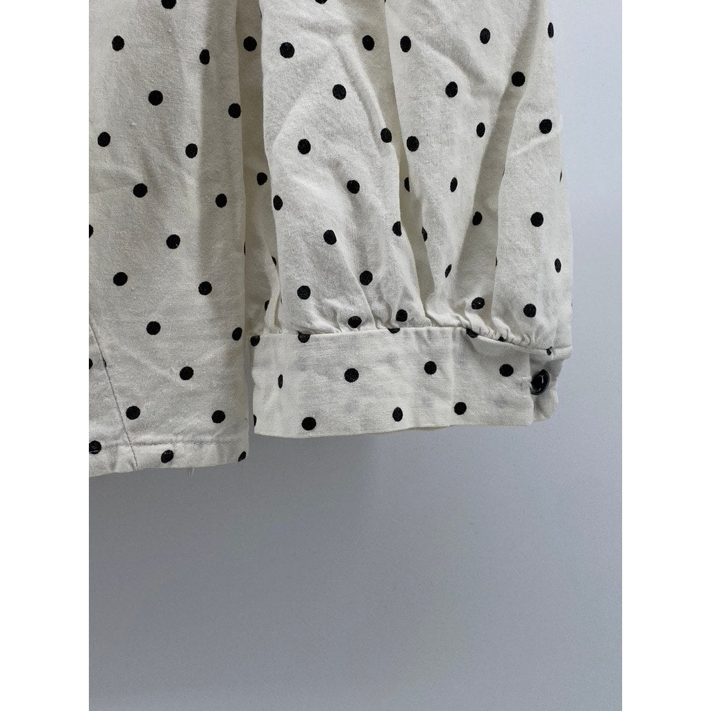 UNBRANDED Women's White-Black Micro Dot Print Balloon Sleeve Cropped Top SZ S